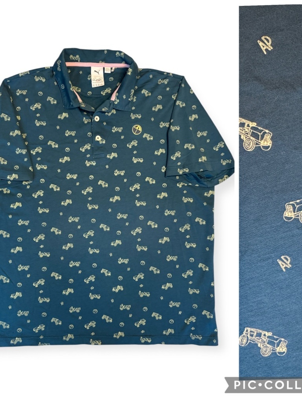 Puma x Arnold Palmer Colab Teal Polo with Light Yellow Vintage Car Print sz XL